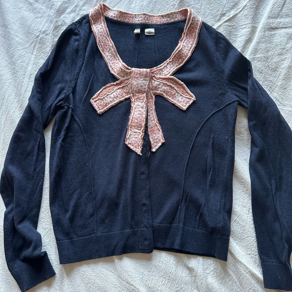 Navy cardigan with bow detail by Moth for Anthropologie
